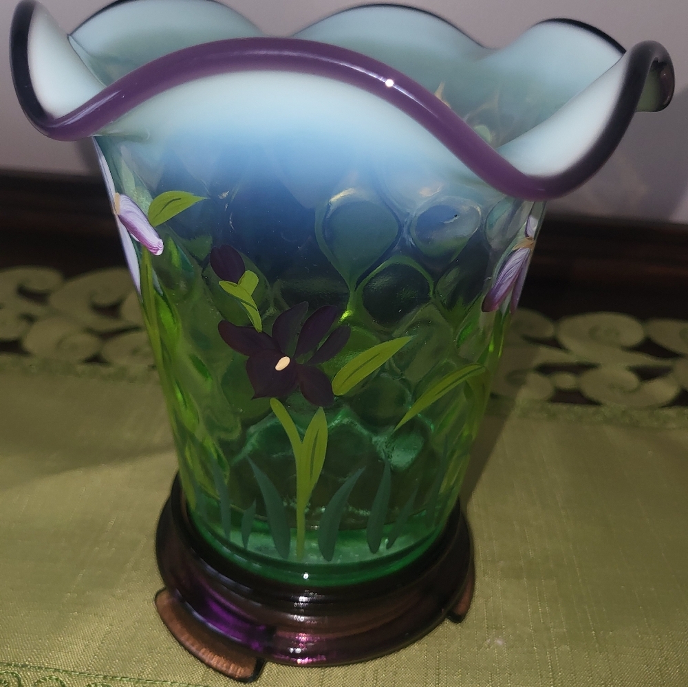 Fenton Green and Purple Floral Glass Vase With Stand. Designer Showcase Series.